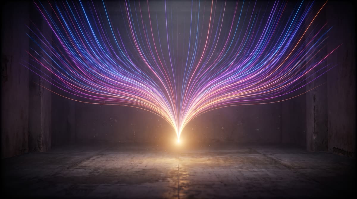 Streams of light converging into a single point, representing exhibitor visits, chats and leads gathered into one report