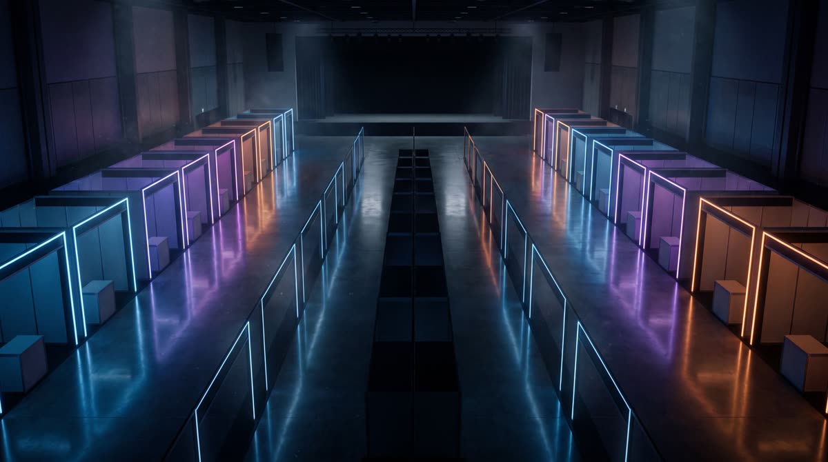 Virtual expo hall on eventooooo with two rows of exhibitor booths lit in the brand colours, leading to a main stage
